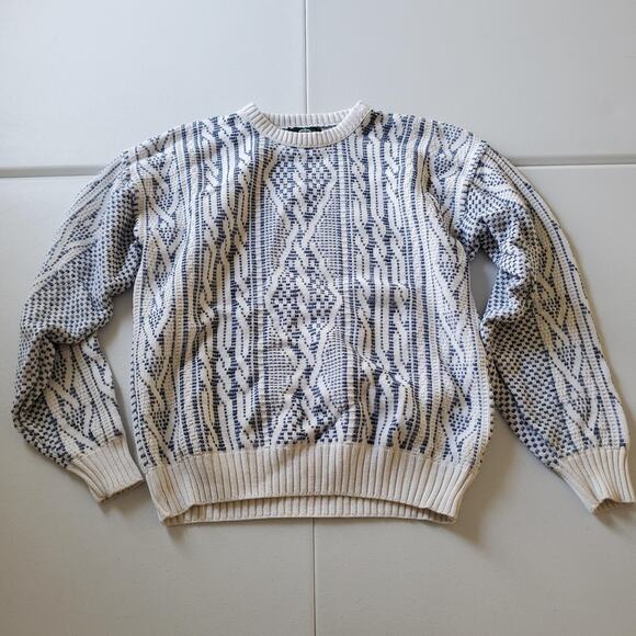 Vintage Janzen Sweater Mens Medium White Blue 3D Knit Crewneck Geometric 80s - Picture 1 of 6